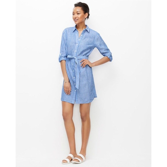 Ann Taylor Dresses & Skirts - Ann Taylor Linen Striped Shirt Dress Medium Blue White Belted Coastal Preppy